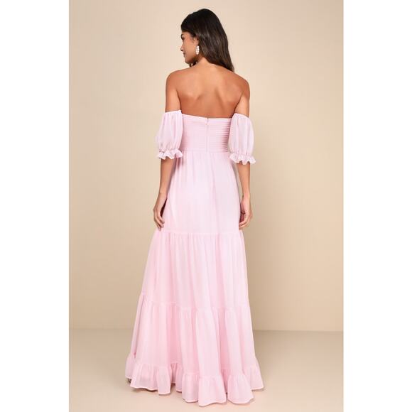 NWT Lulus Exceptionally Gorgeous Blush Chiffon Off-the-Shoulder Maxi Dress Sz XL - Picture 3 of 8